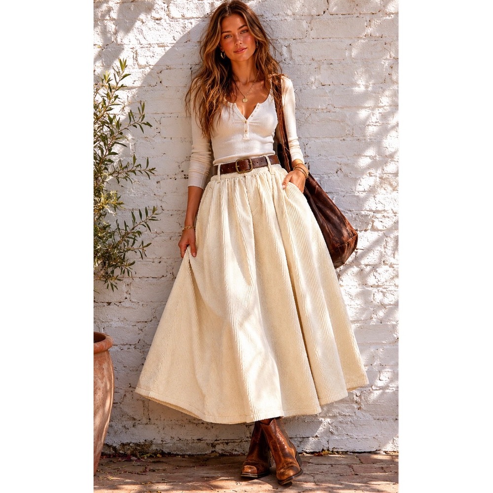 Vintage Giorgio Sant'Angelo Cotton Cream Corduroy Full Midi Skirt Cottagecore S